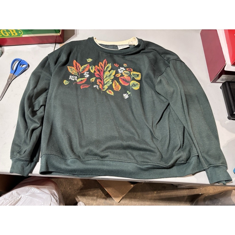 Basic Editions Sweatshirt Women's 2X Green‎ White Trim Leaves 90's Vintage